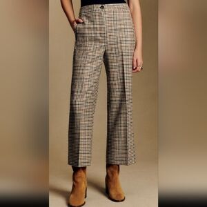 Sezane Martin Crop Trousers Cream Khaki Brown Yellow Houndstooth - Size 10